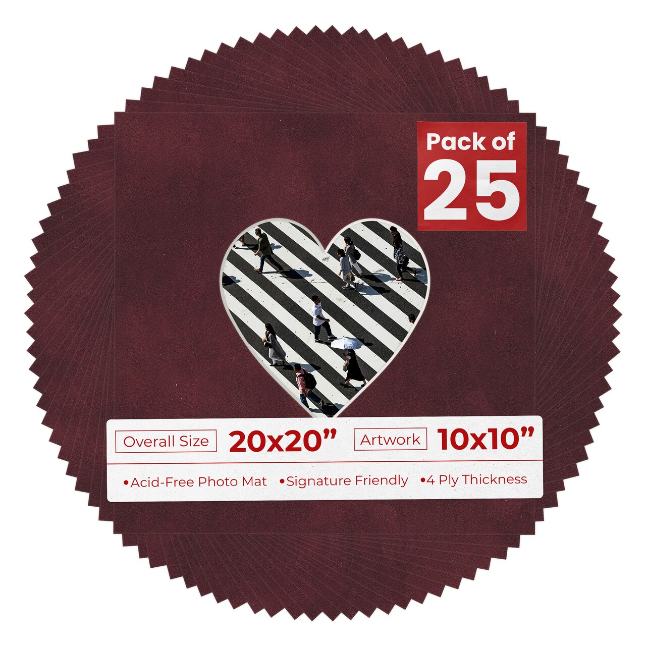Dark Red Suede Mat Board for 20x20 Frames - Heart Opening for 10x10 Photos